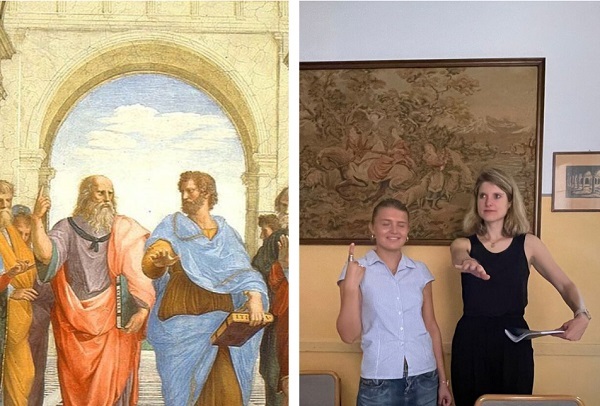 Estudiantes de la Escuela de Cultura Italiana de Bolonia imitan una representación artística