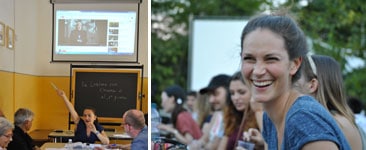 los estudiantes aprenden italiano en italia con la maestra marina carbone y los estudiantes sonriendo